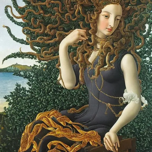 Prompt: Medusa on a chair , highly detailed painting, intricate, high quality oil painting , woman Sandro Botticelli style 