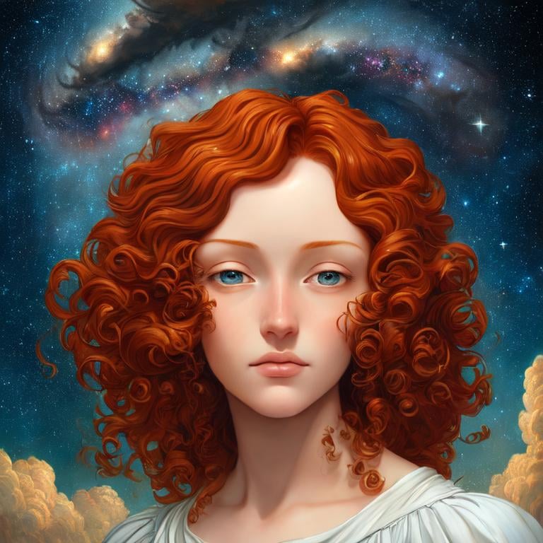 Prompt:  Oil painting by Botticelli portrait of a beautiful woman with curly auburn hair observing star dust and clouds in the milky-way, stunning image, epic fantasy image, award-winning cgi, artstation, blender 