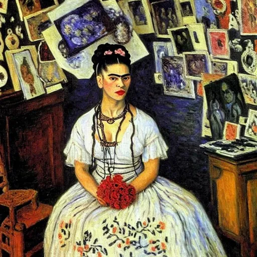 Prompt: a painting by claude monet of a beautiful slender blonde young woman frida kahlo in evening dress in her art studio surrounded by shabby little sketches and small abstract paintings,8k, dynamic lighting, ultra detailed