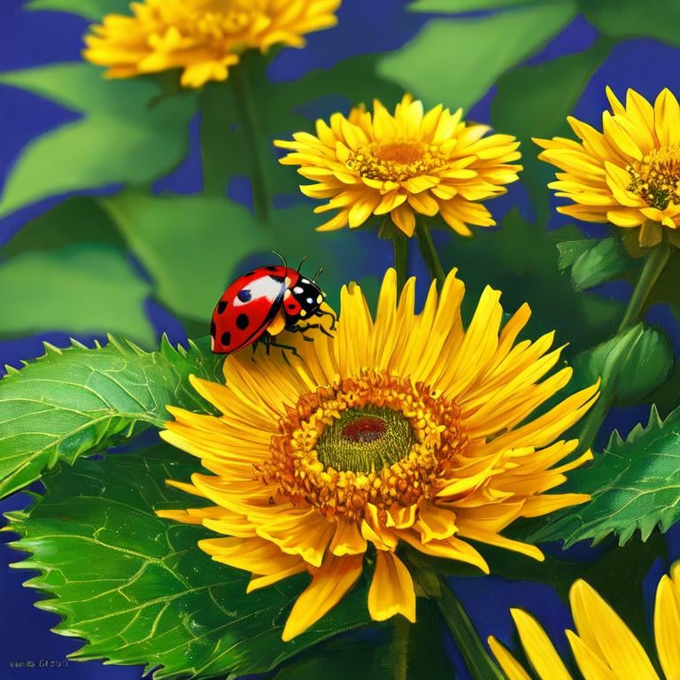 Prompt:  close up of an ladybug on yellow flower,  Style Flora Bowley and Vincent van Gogh,8k, dynamic lighting, ultra detailed