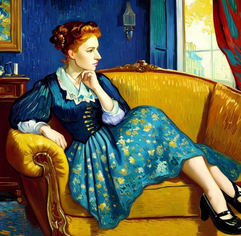 Prompt: Woman sitting on the sofa, Style  Vincent van Gogh,8k, dynamic lighting, ultra detailed