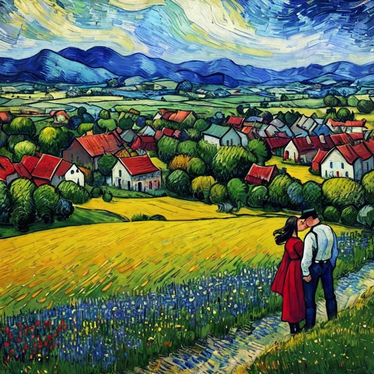 Prompt: Woman kissing Man in landscape of the countryside, Style Flora Bowley and Vincent van Gogh,8k and Enki Bilal and Anton Pieck, dynamic lighting, ultra detailed