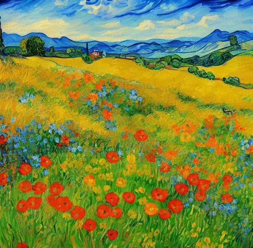 Prompt: Beautiful Romanian welsh painting. Van gough style spring meadow flowers. Baby