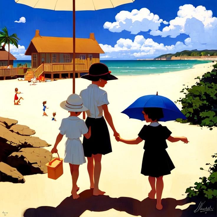 Prompt:  beach landscape, girls and boys, playing children, beach cottages,umbrellas, Style: Jack Vettriano, catherine abel, beautiful crisp colors 