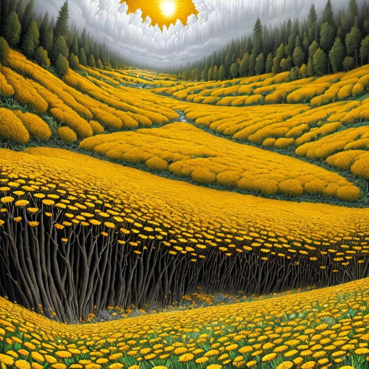 Prompt: Striking Yellow and Gray landscape with Marigold Flowers. extreme details, highly detailed, extremely detailed, beautiful, high detail, ultra detailed, high definition, hdr, acrylic art, intricate details, Jacek Yerka