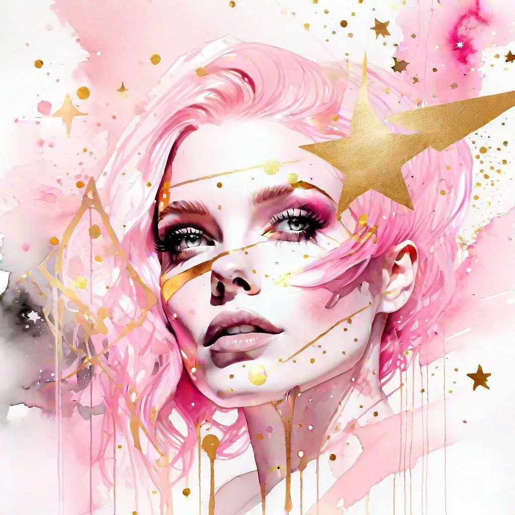 Prompt: Watercolor and ink, digital painting, a gorgeous punk goddess with pink hair fading into stars, gold futuristic fashion, jem and the holograms aesthetic, star wars aesthetic, Sabrina Rose, finely detailed, soft dynamic lighting, by Mario Testino, by Agnes Cecile, by artgerm, Carne Griffiths, white background, minimalist,

