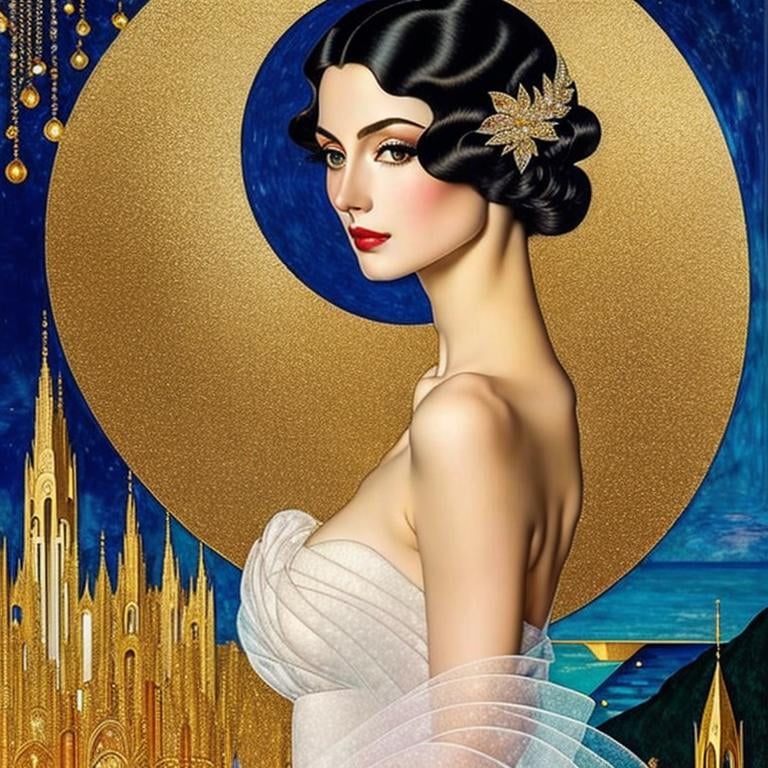 Prompt:  portrait of a Beautiful sensual woman in elegant floreal dress in Art Deco by Annigoni, Egon Schiele, Milo Manara, Botticelli, Catrin Welz-Stein, Jean Metzinger, Klimt, Landscape at nigth, iridiscent sky, without houses, golden ratio, fake detail, trending pixiv fanbox, acrylic palette knife, style of makoto shinkai studio ghibli genshin impact james gilleard greg rutkowski chiho aoshima