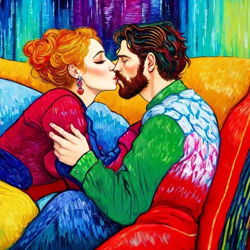 Prompt: Woman kissing Man sitting on the sofa, Style Flora Bowley and Vincent van Gogh, 8k , dynamic lighting, ultra detailed 