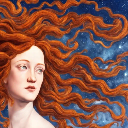 Prompt:  Oil painting by Botticelli portrait of a beautiful woman with curly auburn hair observing star dust and clouds in the milky-way, stunning image, epic fantasy image, award-winning cgi, artstation, blender 