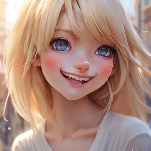 Prompt: Anime girl, blond hair, smile, sunny, day, taking selfie, HDRI, masterpiece, smooth, sharp focus, illustration, golden ratio, smooth soft skin, big dreamy eyes, beautiful intricate colored hair, symmetrical, anime wide eyes, soft lighting, detailed face, by Sam Yang 
