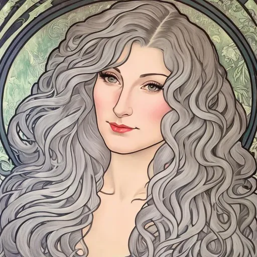 Prompt:  in the style of botticelli. a middle aged woman with long gray hair. she has green eyes. she has green feathers in her air. in the style of alphonse mucha. in the style of maurice sendak.