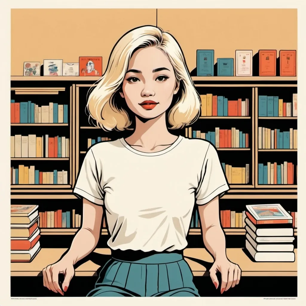 Prompt: minimalist graphic poster of a modern young blonde vietnamese woman sitting behind the counter in a little vintage bookstore. She looks up with pleasant surprise to great a european woman entering the bookshop, solid colors only. one line drawing. art deco and marimekko, final features, illustrative stylization, graphic emphasis, high accent textures, colored line patterns.