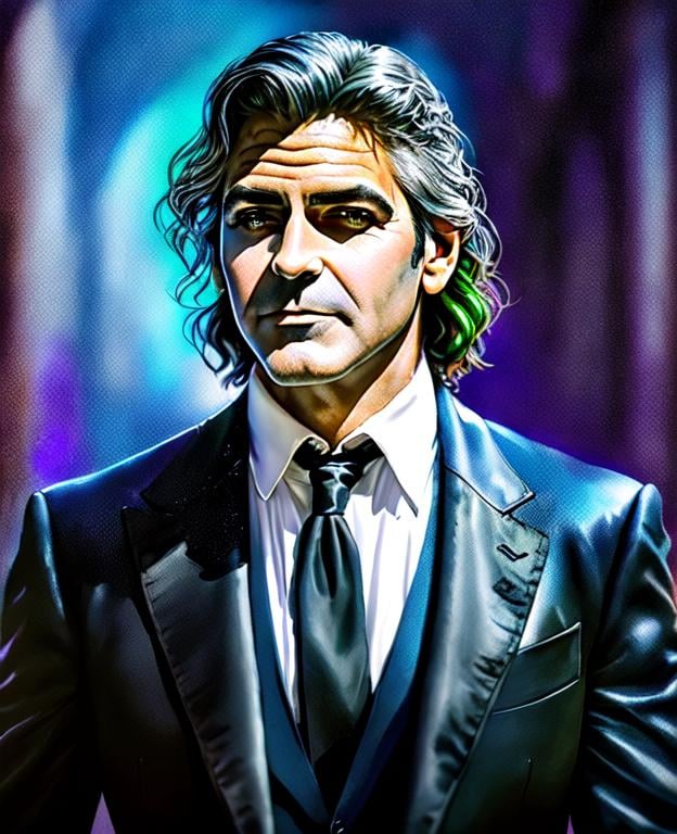 Prompt: fantasy, medieval, george clooney as the joker, UHD, 8k, high quality, ultra quality, perfect composition, trending art, trending on artstation, sharp focus, studio photo, intricate details, cinematic lighting, special effects, hyper realism, hyper realistic, Very detailed, high detailed face, high detailed eyes, oil painting, full body, full view