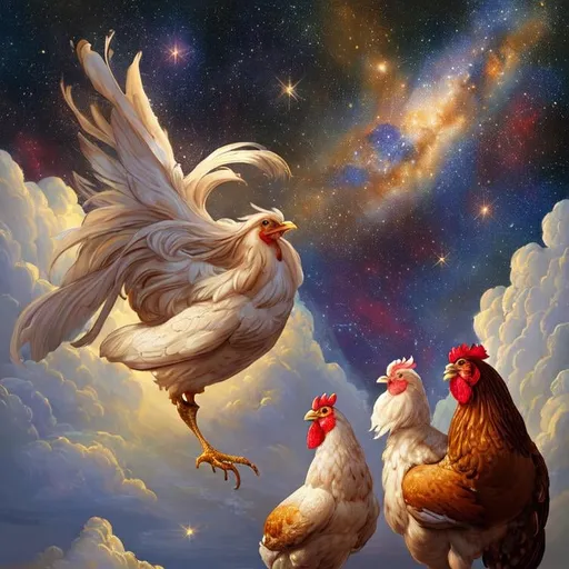 Prompt:  Oil painting by Botticelli portrait of a beautiful chickens observing star dust and clouds in the milky-way, stunning image, epic fantasy image, award-winning cgi, artstation, blender 