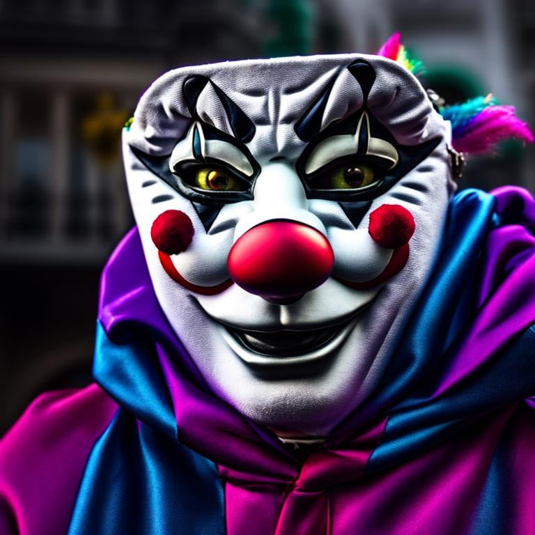 Prompt:  écolorful portraits of a scary masked clown stunning wallpaper, very very detailed,fantasy ,8k, elegant,extremely detailed,fantasy,8k,fantastic view,hypperrealistic,4K 3D, high definition,matte background, bokey 