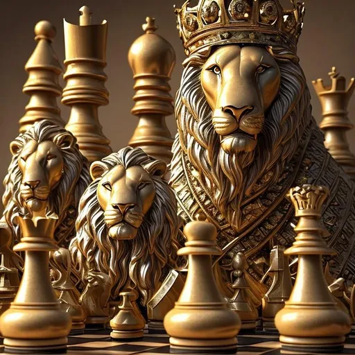 Prompt: Chess with lion as the king lioness as queen horse as knight elephant as bishop and camel as rook and cat as pawn ultra realistic art