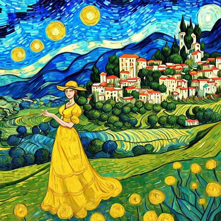 Prompt: Beautiful italian lady in an beautiful landscape of Umbrië, Style Flora Bowley and Vincent van Gogh,8k, dynamic lighting, ultra detailed