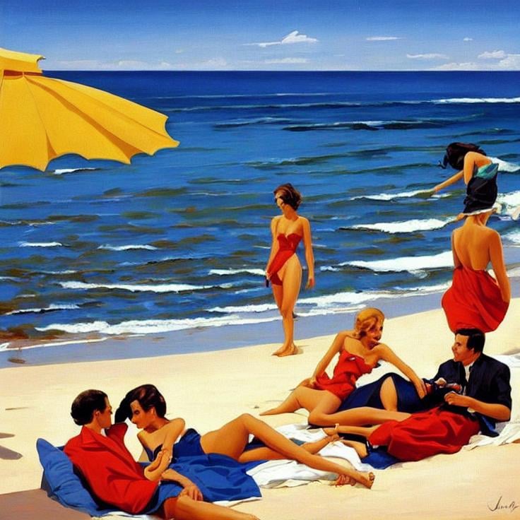 Prompt:  beach landscape, boys and girls Style: Jack Vettriano, catherine abel, beautiful crisp colors 