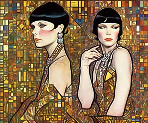 Prompt: Create a digital painting of geometric, stylized full color Beardsley, Bagshaw, Picasso, Kusama, Mucha: Full Length Portrait Of Louise Brooks  
Picasso Alphonse Mucha patchwork by Gustav Klimt and James Jean