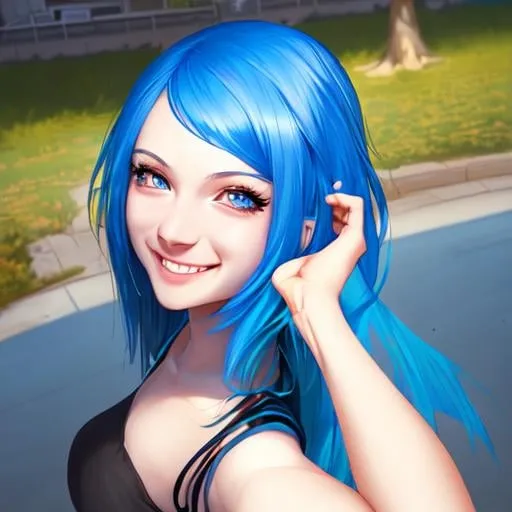 Prompt: SamDoesArt, a girl, blue hair, smile, sunny, day, taking selfie, HDRI, masterpiece, smooth, sharp focus, illustration, golden ratio, 