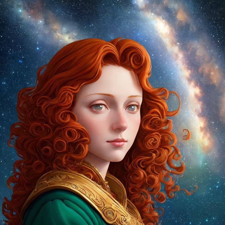 Prompt:  Oil painting by Botticelli portrait of a beautiful woman with curly auburn hair observing star dust and clouds in the milky-way, stunning image, epic fantasy image, award-winning cgi, artstation, blender 