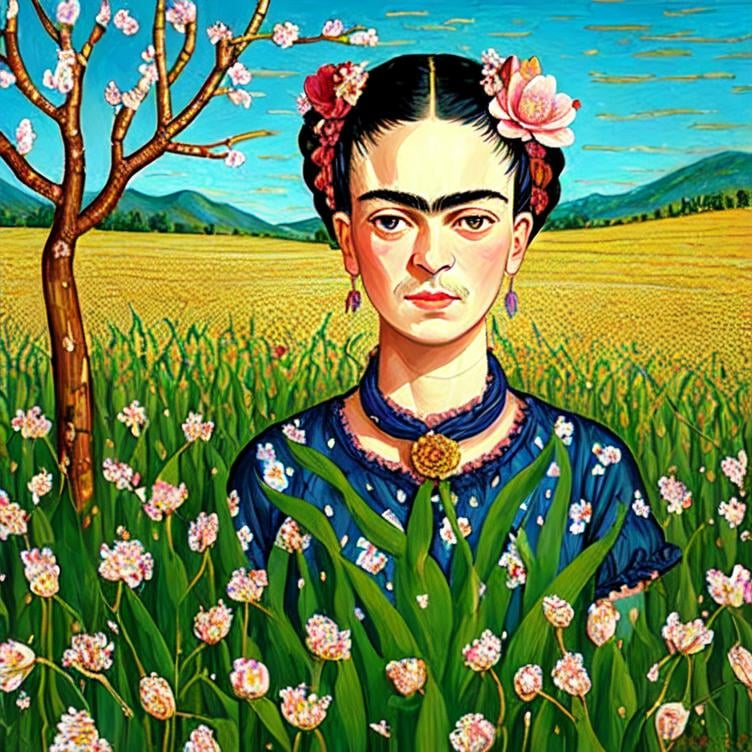 Prompt:  Beautiful Frida Kahlo as Woman in corn fields, field workers, almond blossom luminous trees, intriguing flowers, highly detailed painting, intricate, high quality oil painting , woman Sandro Botticelli style and patchwork by Megan Duncanson and Jennifer Lommers and Didier Lourenço 