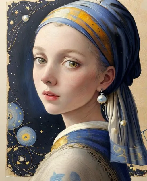 Prompt:  very simple sketch of the Girl With A pearl Earring, mixed media, complimentary color, the starry night background, in the art style of Kaethe Butcher, Pierre-Auguste Renoir, Gaelic leafy FolkArt Folklore using light pastel colors, highly detailed, portrait, very attractive, beautiful, dynamic lighting, wallpaper, colourful, cinematic postprocessing, quilling, pastel, aquarelle 