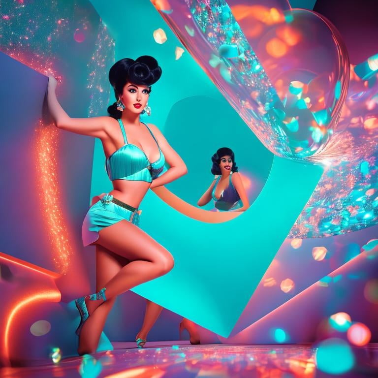 Prompt: a professional photograph of a female 1975 pin-up, optical illusion in background, sparkling turquoise color, exquisite detail, sharp-focus, intricately-detailed, award-winning photograph, low-contrast, high-sharpness, facial-symmetry, depth-of-field, unreal engine render, center image, dream-like, ultra high res, best quality, 8k, raw photo