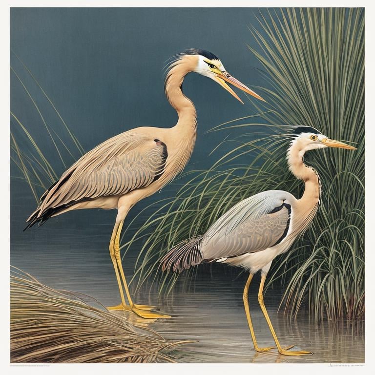 Prompt: Bird book illustration of a golden heron with light blue eyes and long white crest and long black legs, white background with cattail plants, By John James Audubon