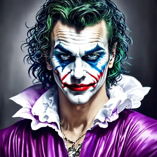 Prompt: fantasy, medieval, joker, UHD, 8k, high quality, ultra quality, perfect composition, trending art, trending on artstation, sharp focus, studio photo, intricate details, cinematic lighting, special effects, hyper realism, hyper realistic, Very detailed, high detailed face, high detailed eyes, oil painting, full body, full view