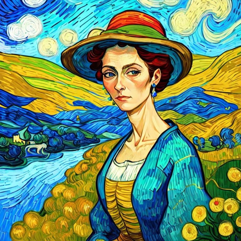 Prompt: Beautiful italian lady in an beautiful landscape of Umbrië, Style Flora Bowley and Vincent van Gogh,8k, dynamic lighting, ultra detailed