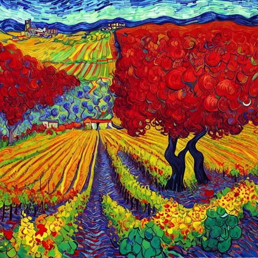 Prompt: Le vignoble rouge en france, arles ,  Style Flora Bowley and Vincent van Gogh,8k, dynamic lighting, ultra detailed 