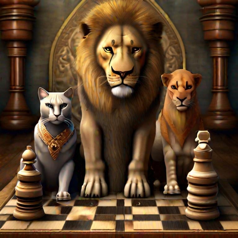 Prompt: Chess with lion as the king lioness as queen horse as knight elephant as bishop and camel as rook and cat as pawn ultra realistic art