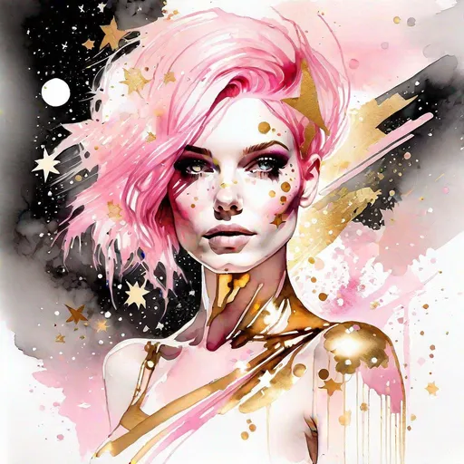 Prompt: Watercolor and ink, digital painting, a gorgeous punk goddess with pink hair fading into stars, gold futuristic fashion, jem and the holograms aesthetic, star wars aesthetic, Sabrina Rose, finely detailed, soft dynamic lighting, by Mario Testino, by Agnes Cecile, by artgerm, Carne Griffiths, white background, minimalist,

