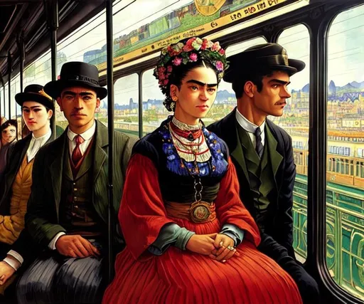 Prompt: A blind man is riding the train. Frida Kahlo a young woman joins him in his carriage, van Gogh style, Fantastic view, Alphonse Mucha , Gustav Klimt, Enki Bilal