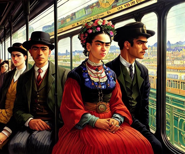 Prompt: A blind man is riding the train. Frida Kahlo a young woman joins him in his carriage, van Gogh style, Fantastic view, Alphonse Mucha , Gustav Klimt, Enki Bilal