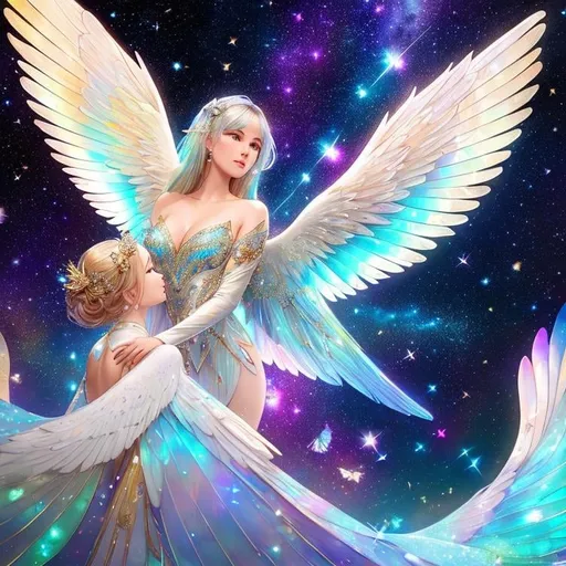 Prompt: Gorgeous angel and mother-of-pearl colored wings made out of luminous stars and galaxy at night, hyperdetailed and highly intricate digital illustration by Ismail Inceoglu, Erin Hanson, Hayao Miyazaki and Yoshitaka Amano, a masterpiece, 8k resolution, trending on artstation, Ray Tracing Reflections, volumetric lighting, deep colors, unreal engine