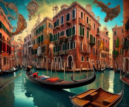 Prompt: colorful and surreal steampunk Venezia with a lot of grotesque fractal patterns