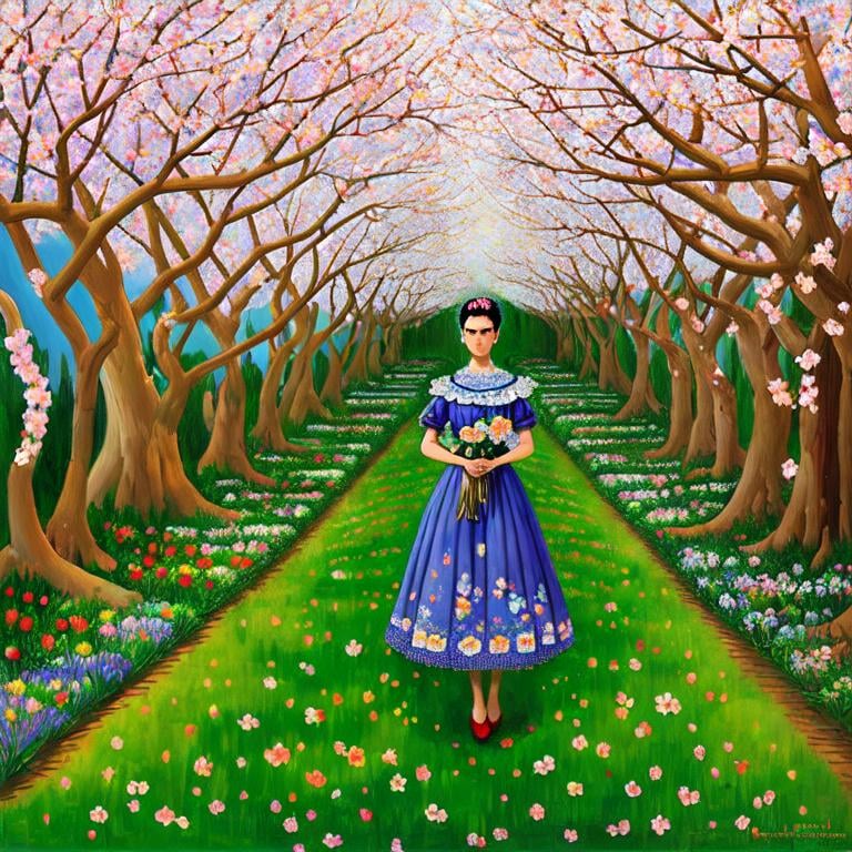 Prompt:  Beautiful Frida Kahlo as Woman in garden, almond blossom luminous trees, intriguing flowers, highly detailed painting, intricate, high quality oil painting , woman Sandro Botticelli style and patchwork by Megan Duncanson and Jennifer Lommers and Didier Lourenço 