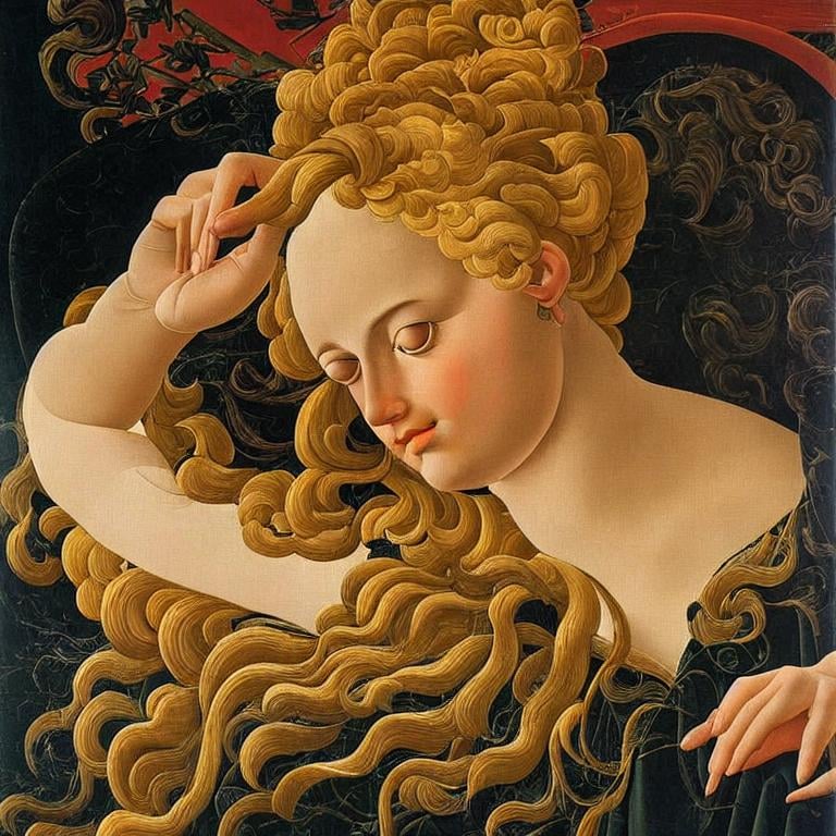 Prompt:  Woman on the couch , highly detailed painting, intricate, high quality oil painting , woman Sandro Botticelli style 