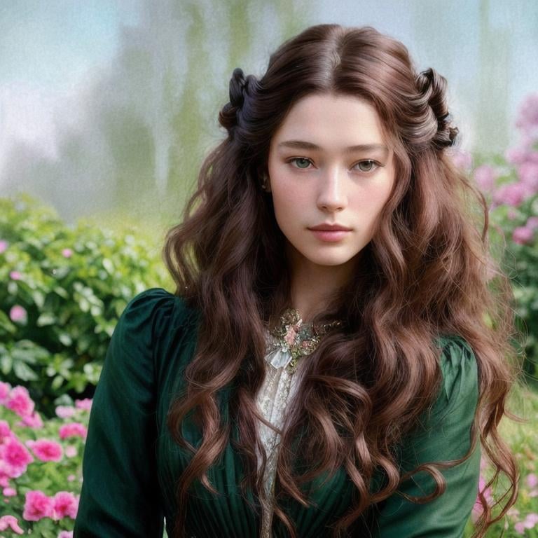 Prompt: Please paint a portrait of a beautiful young long haired Victorian era woman, looks like Astrid Berges-Frisbey . English garden backdrop.  Concept art in the style of Yoji Shinkawa, a hyper realistic close-up portrait, 4K symmetrical portrait, in-focus, trending in artstation, cgsociety, 8k post-processing highly detailed, Craig Mullins, Casey Baugh, wlop, Sharandula, Tom Bagshaw, Ross Tran, Artgerm, dramatic, moody lighting, characters 8K symmetrical, artstation, cinematic lighting, intricate details, 8k detail post processing, chiaroscuro --no dof --uplight:1.2), portrait, high detail, realistic, hyperrealistic, premium quality, digital painting, concept art, artistic, portrait