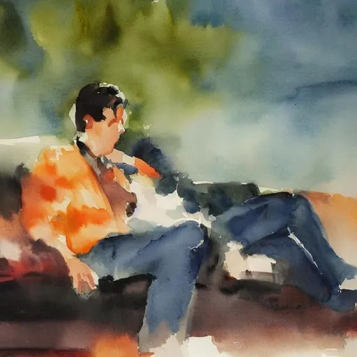 Prompt: Man sitting on the sofa, water color  by Yong Chen dunn, high details
