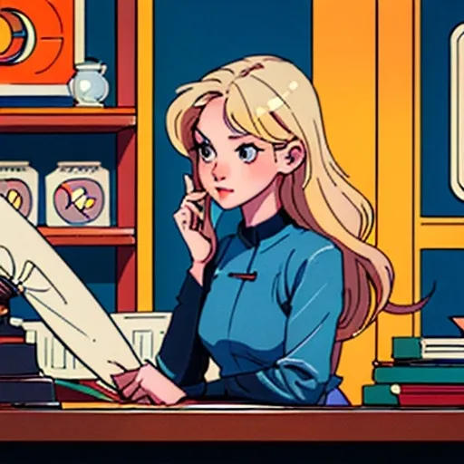 Prompt: minimalist graphic poster of a modern young blonde vietnamese woman sitting behind the counter in a little vintage bookstore. She looks up with pleasant surprise to great a european woman entering the bookshop, solid colors only. one line drawing. art deco and marimekko, final features, illustrative stylization, graphic emphasis, high accent textures, colored line patterns.