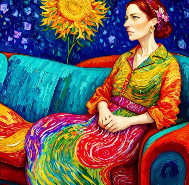 Prompt: Woman sitting on the sofa, Style Flora Bowley and Vincent van Gogh,8k, dynamic lighting, ultra detailed