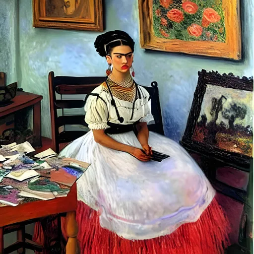 Prompt: a painting by claude monet of a beautiful slender blonde young woman frida kahlo in evening dress in her art studio surrounded by shabby little sketches and small abstract paintings,8k, dynamic lighting, ultra detailed