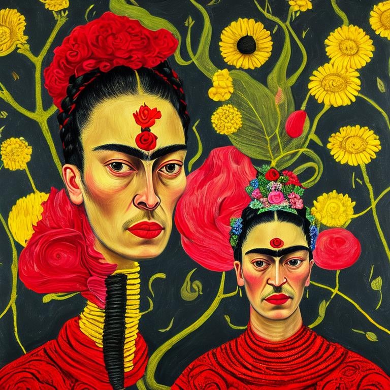 Prompt:  Beautiful Frida Kahlo in red and Black and white and yellow, Style Flora Bowley and Vincent van Gogh, 8k, dynamic lighting, ultra detailed