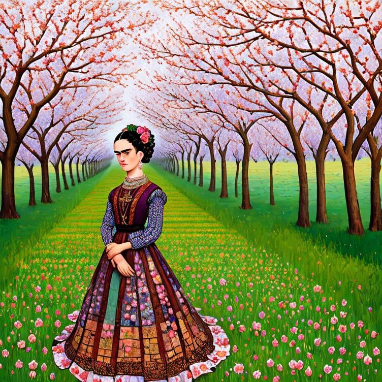 Prompt:  Beautiful Frida Kahlo as Woman in Fields, almond blossom luminous trees, intriguing flowers, highly detailed painting, intricate, high quality oil painting , woman Sandro Botticelli style and patchwork by Megan Duncanson and Jennifer Lommers and Didier Lourenço 