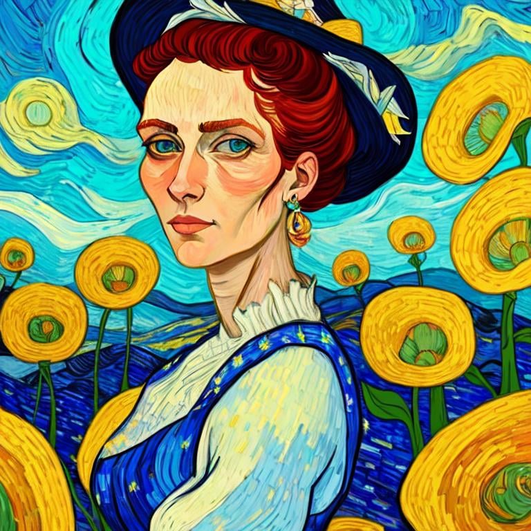 Prompt: Beautiful italian lady in an beautiful landscape of Umbrië, Style Flora Bowley and Vincent van Gogh,8k, dynamic lighting, ultra detailed