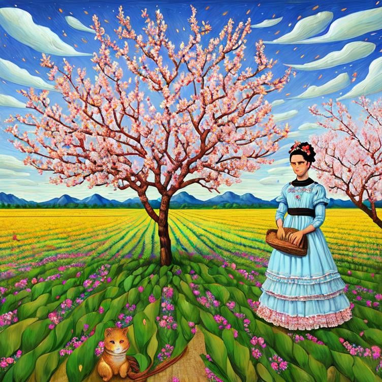 Prompt:  Beautiful Frida Kahlo as Woman in corn fields, field workers, almond blossom luminous trees, intriguing flowers, highly detailed painting, intricate, high quality oil painting , woman Sandro Botticelli style and patchwork by Megan Duncanson and Jennifer Lommers and Didier Lourenço 