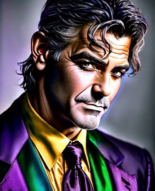 Prompt: fantasy, medieval, george clooney as the joker, UHD, 8k, high quality, ultra quality, perfect composition, trending art, trending on artstation, sharp focus, studio photo, intricate details, cinematic lighting, special effects, hyper realism, hyper realistic, Very detailed, high detailed face, high detailed eyes, oil painting, full body, full view